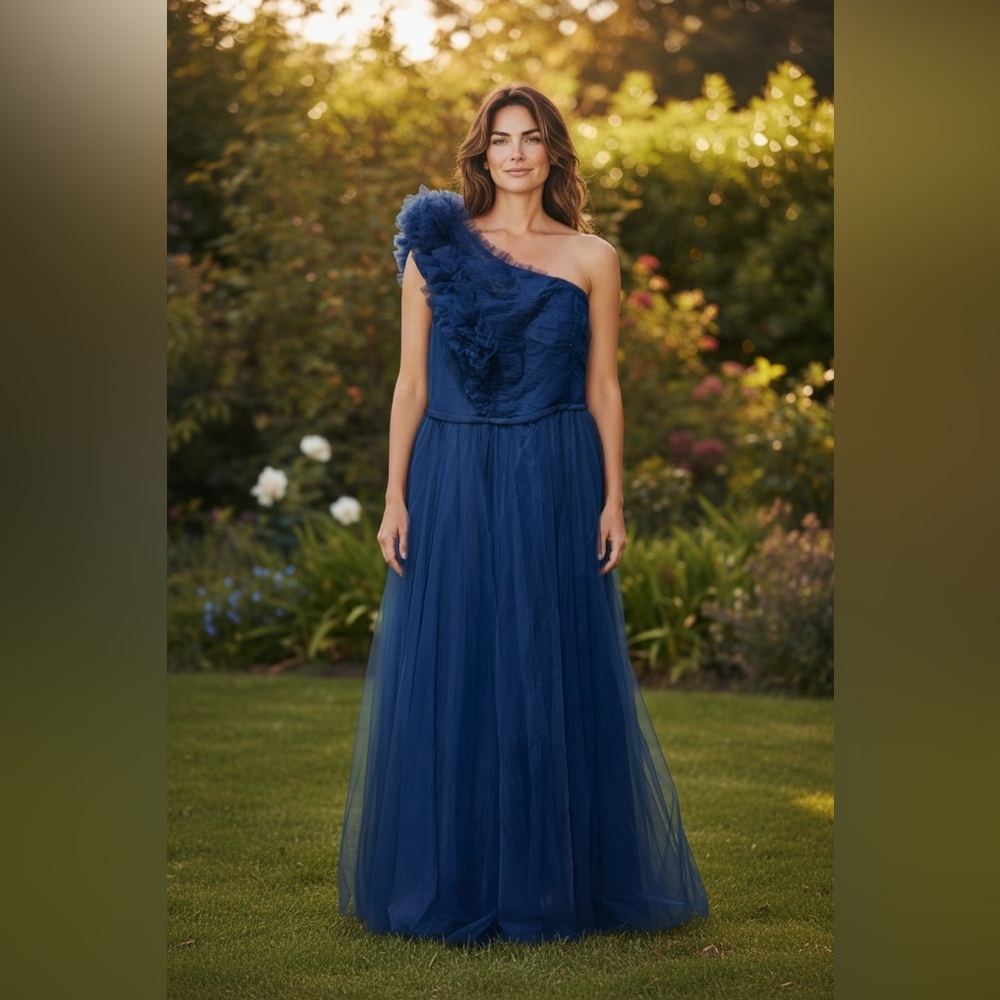 Plus Size Navy One-Shoulder Tulle Gown | Corset Back Size 18